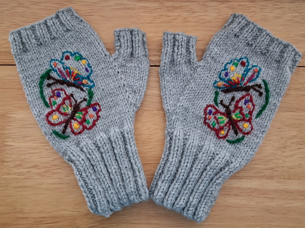 All Hand Made Grey Gloves With Hand Embroidered Butterflies (J129)