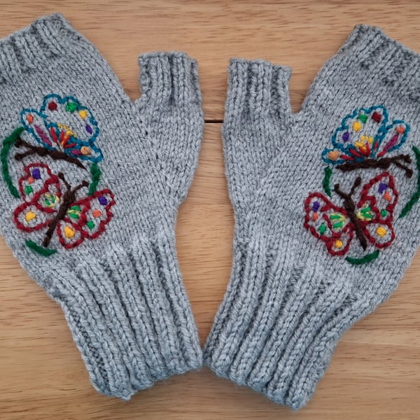 All Hand Made Grey Gloves With Hand Embroidered Butterflies (J129)