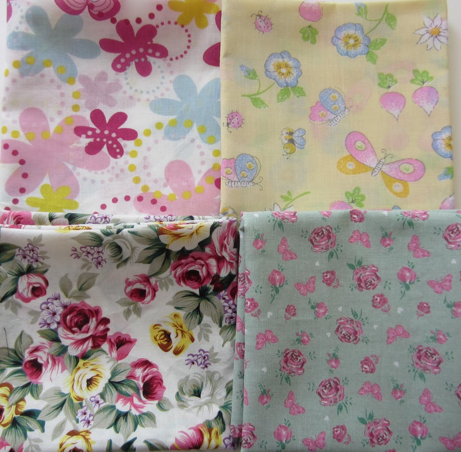 Bundle of 4 Flower and Butterfly Fabric Fat Quarters