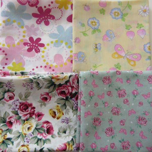 Bundle of 4 Flower and Butterfly Fabric Fat Quarters