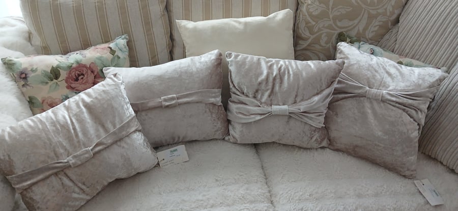4 crushed velvet cushions unique design handmade by me. Approx 16 inch x 16 inch