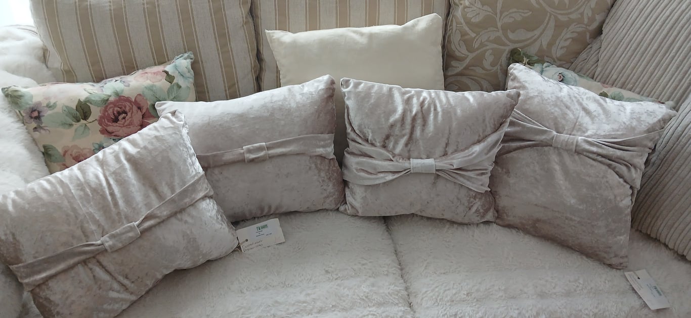4 crushed velvet cushions unique design handmade by me. Approx 16 inch x 16 inch