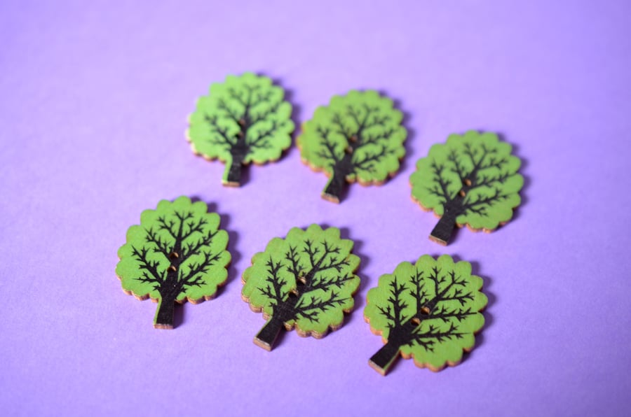 Wooden Tree Buttons Green 6pk 32x24mm Woodland (T6)