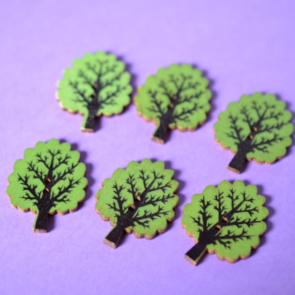 Wooden Tree Buttons Green 6pk 32x24mm Woodland (T6)