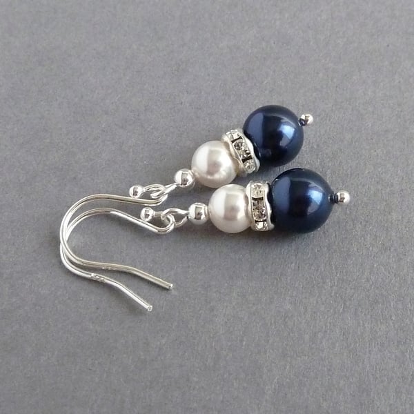 Navy Pearl and Crystal Earrings - Dark Blue Drop Earrings - Bridesmaid Jewellery