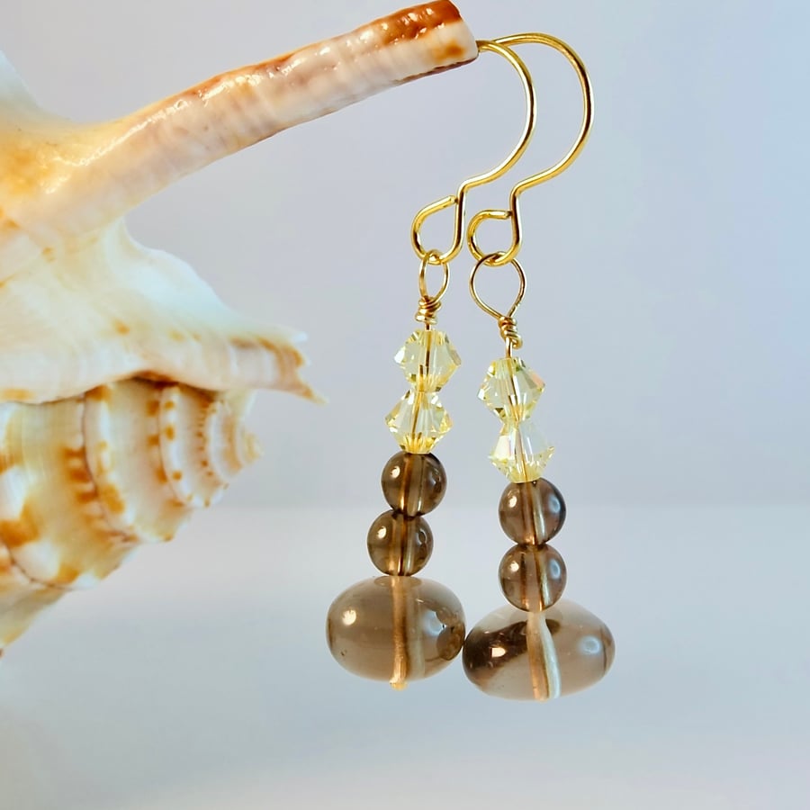 Smoky Quartz Earrings With Yellow Swarovski Crystals - Handmade In Devon