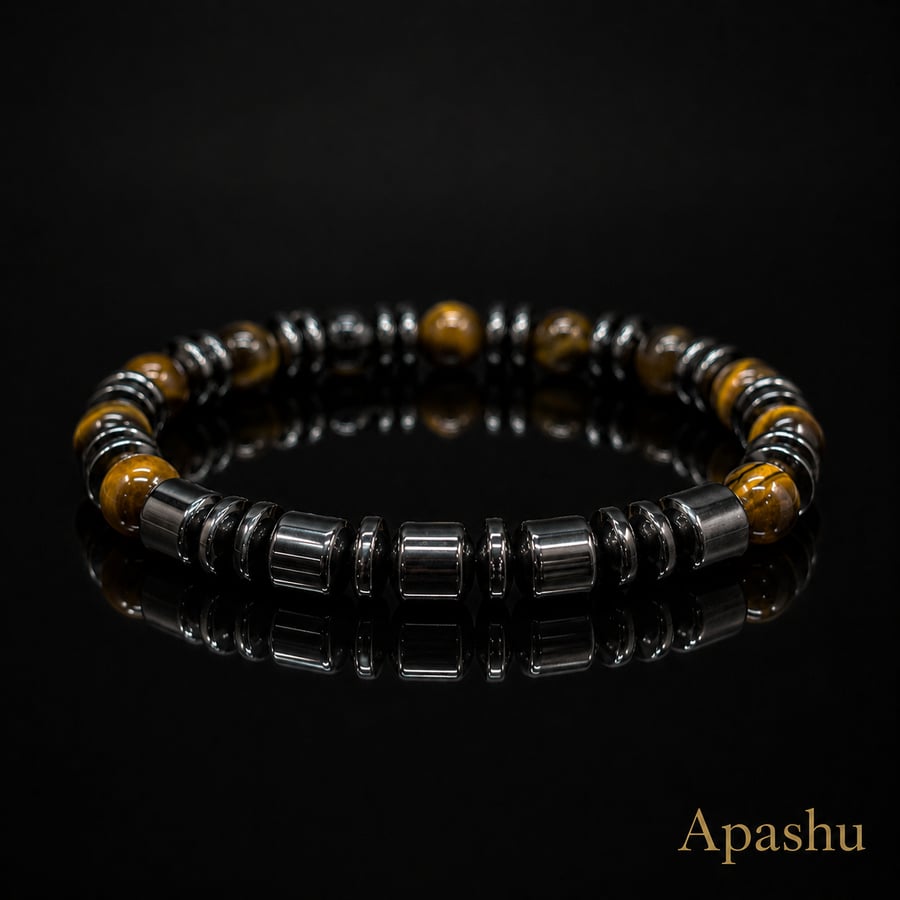 Handmade Tiger Eye & Hematite Men’s Bracelet – 19 cm – 8 mm – Any Size Available