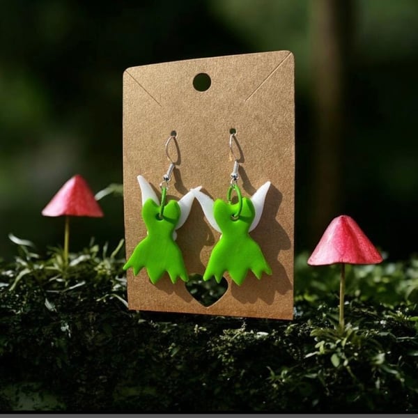 Polymer clay whimsical green fairy dangly earrings