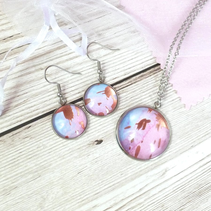 Pink and Blue and Rose Gold pendant and dangle earrings set limited collection