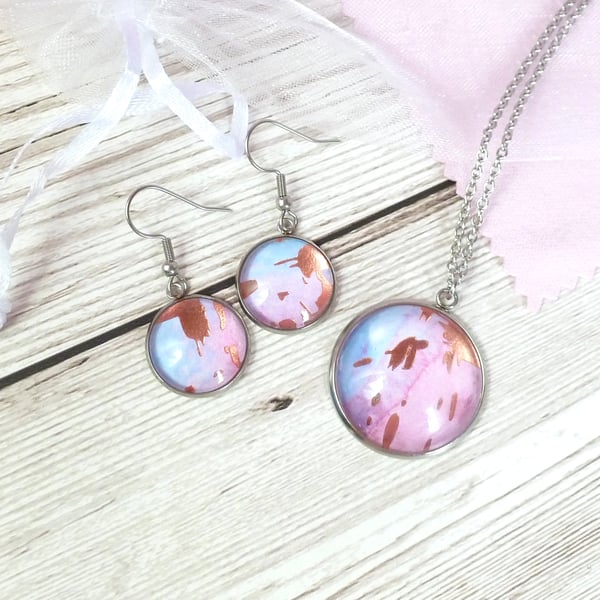 Pink and Blue and Rose Gold pendant and dangle earrings set limited collection