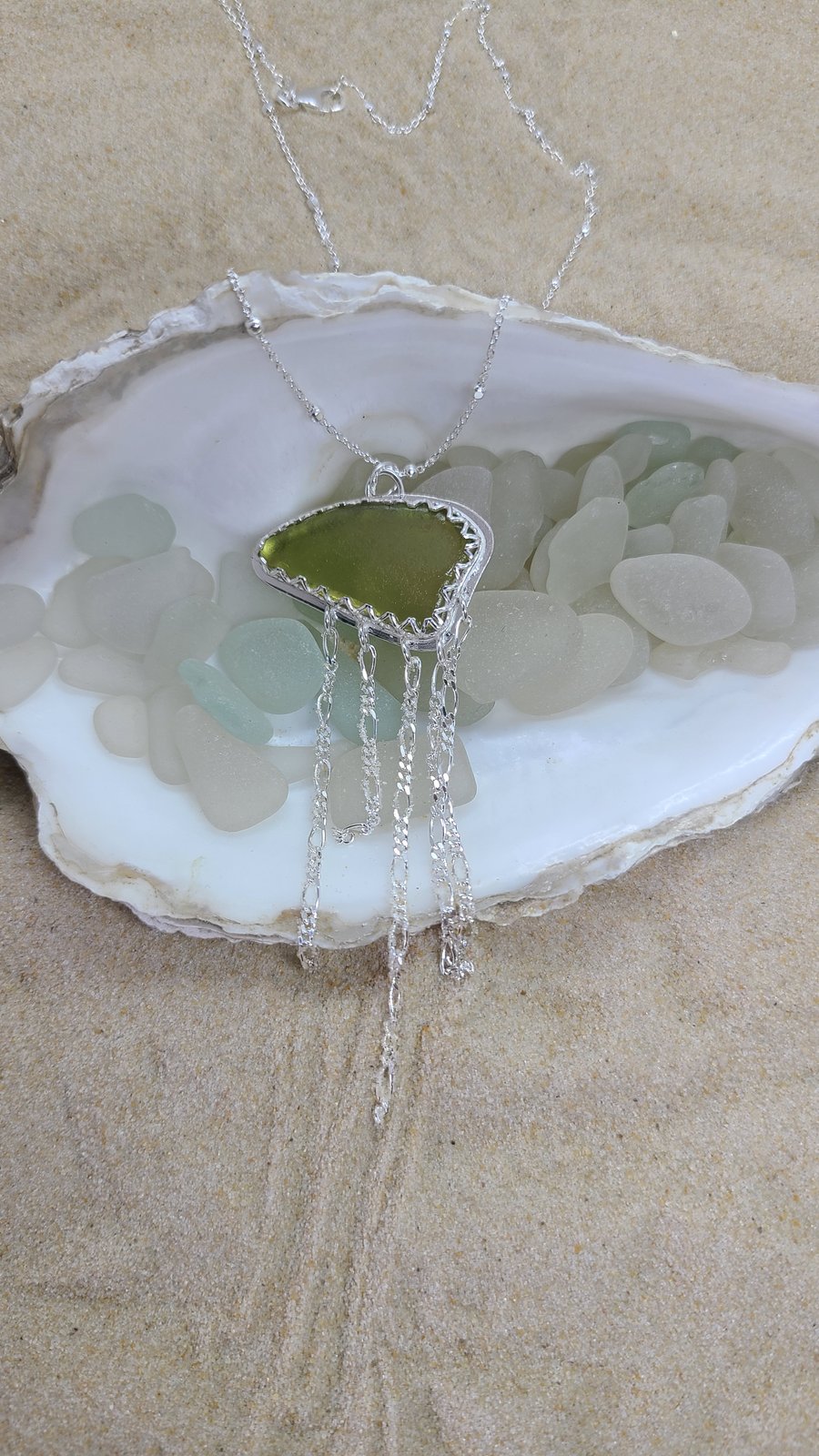 Olive yellow sea glass and silver jellyfish pendant P8