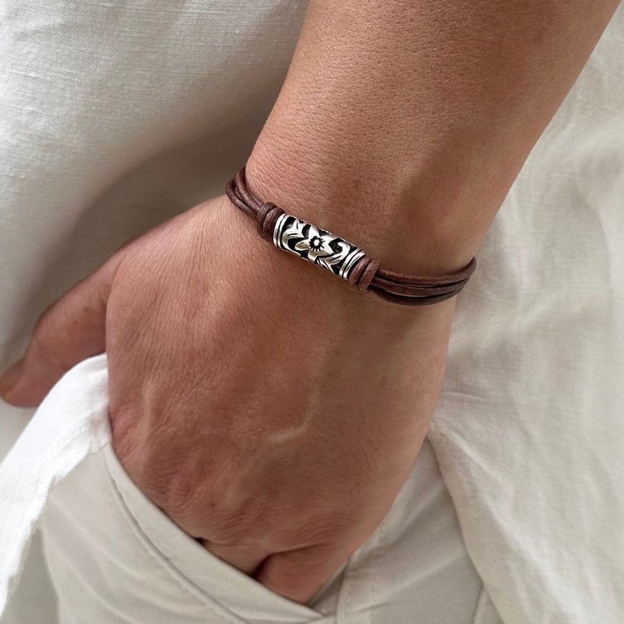 Women's Leather Wrap Bracelet, Silver Plated Floral Boho Bracelet