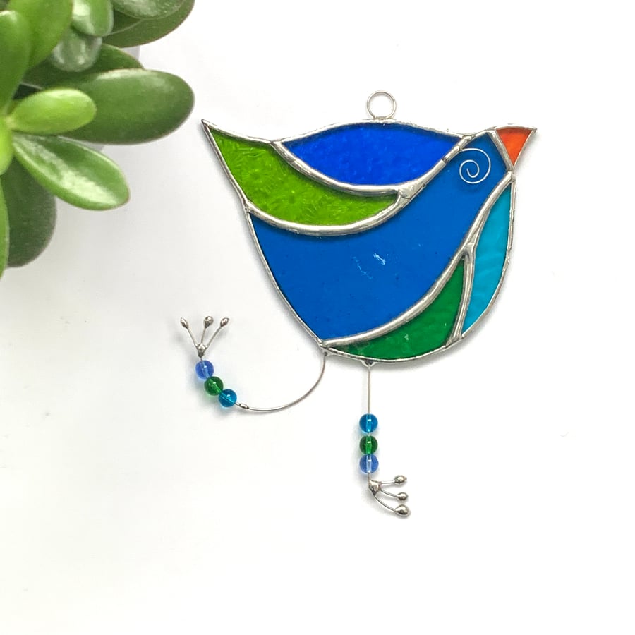 Stained Glass Funky Bird Suncatcher  - Blue and Green