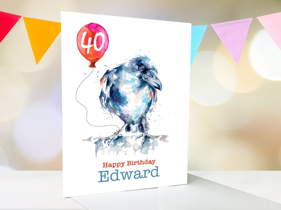 Personalised raven birthday card, premium quality, 16th, 21st, 30th, 45th, 80th