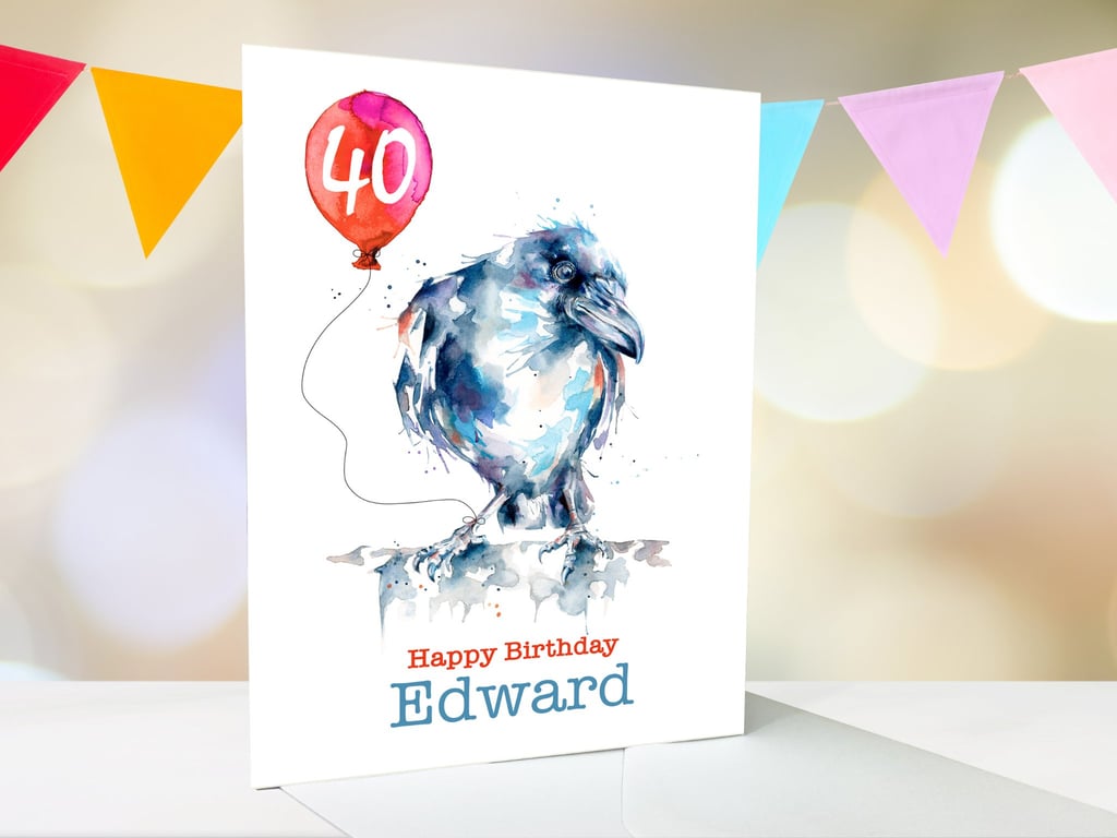 Personalised raven birthday card, premium quality, 16th, 21st, 30th, 45th, 80th