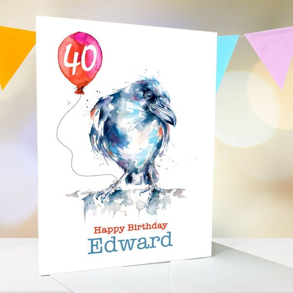 Personalised raven birthday card, premium quality, 16th, 21st, 30th, 45th, 80th