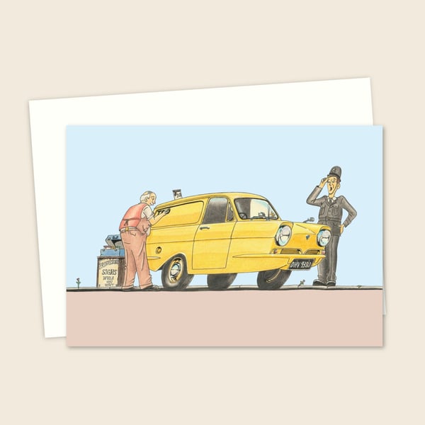 Three Wheeler Van Greeting Card: Nostalgic Cartoon Art - Blank Inside (321)