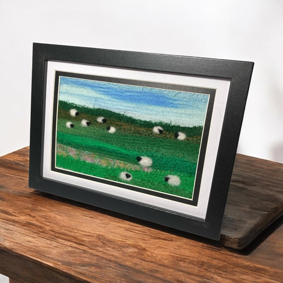 Textile picture, needle felted, Sheep grazing, 5" x 7" mounted or framed