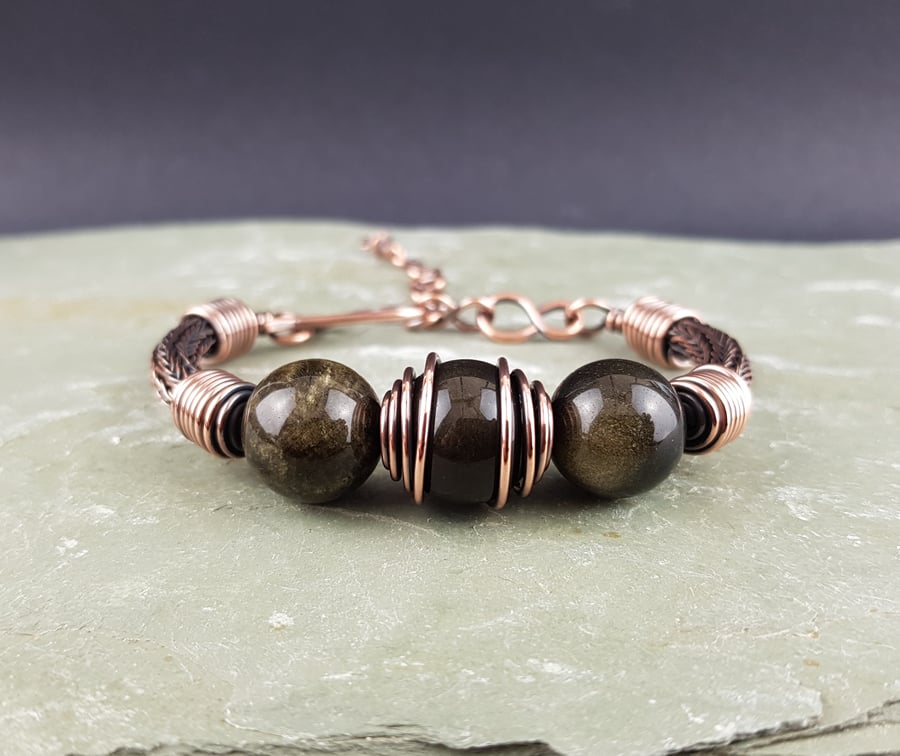 Golden Obsidian and Copper Viking Weave Bracelet