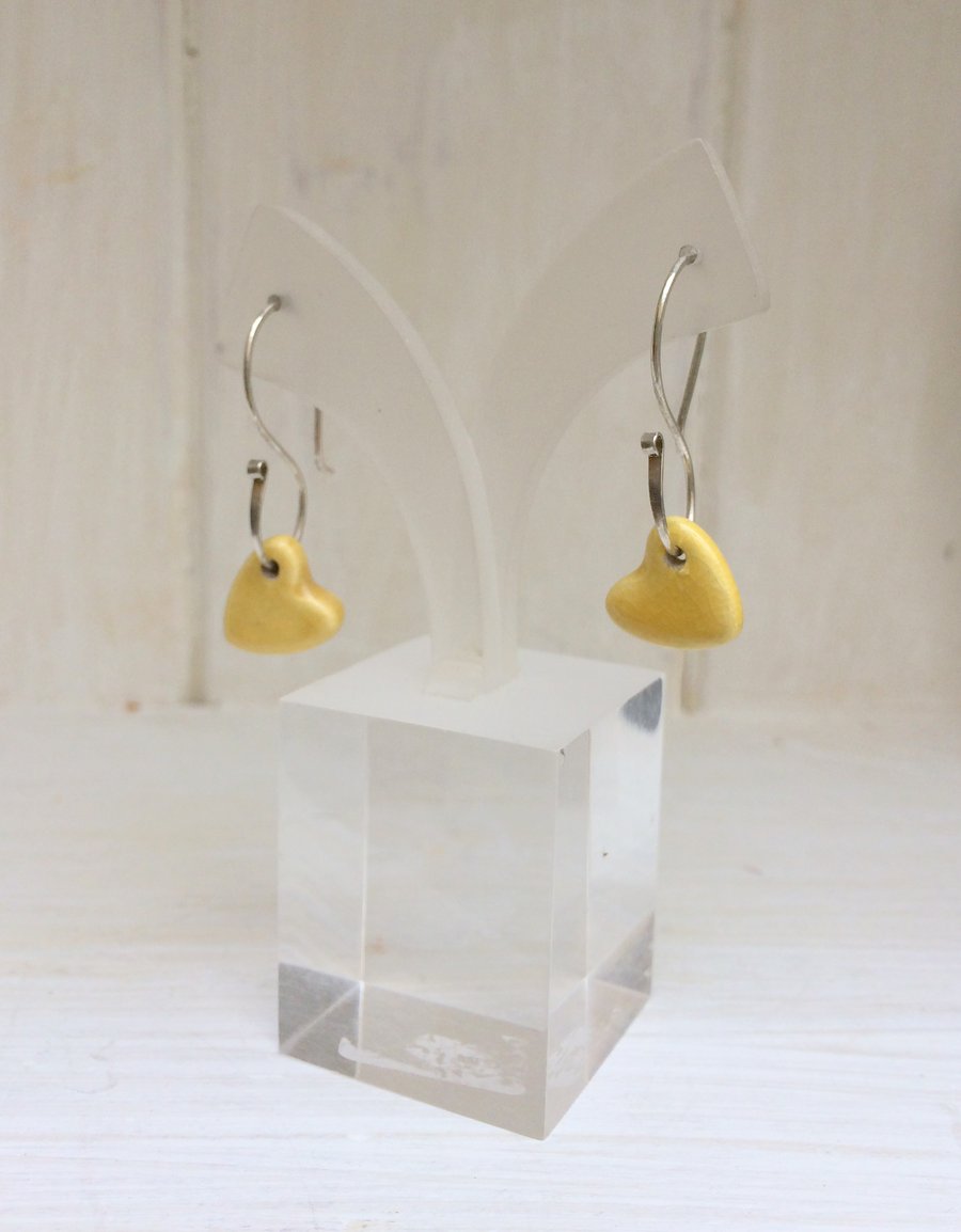 SALE - Ceramic yellow hearts - Sterling silver dangle ear wires