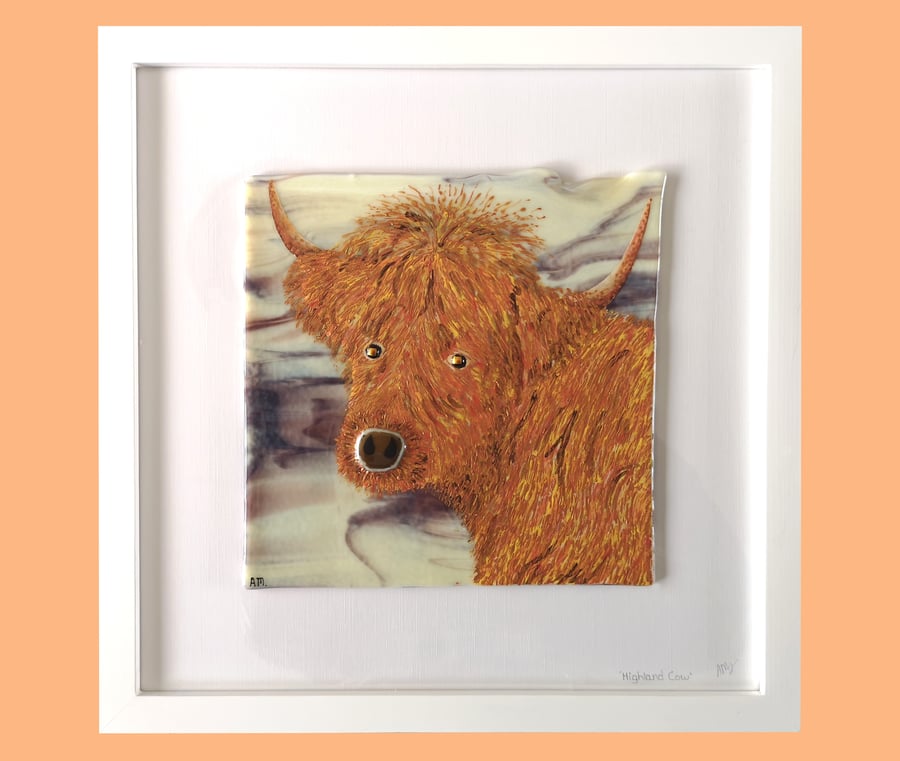 Handmade Fused Glass 'Highland Cow' Picture