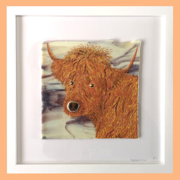 Handmade Fused Glass 'Highland Cow' Picture