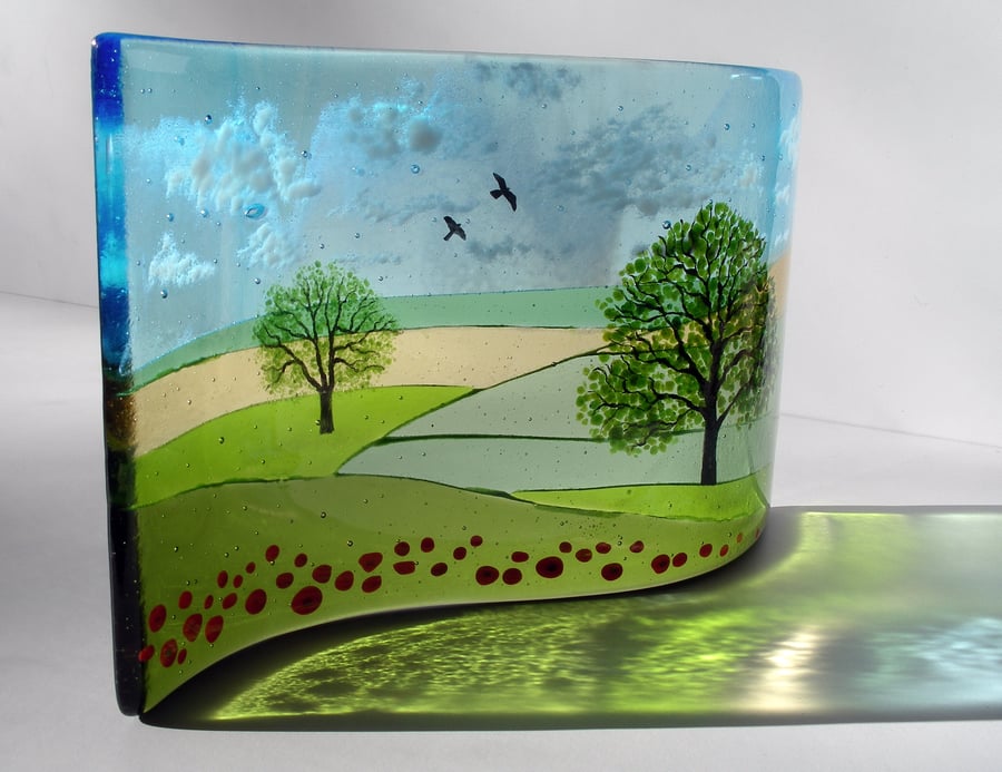 Oaks and Poppies fused glass wave