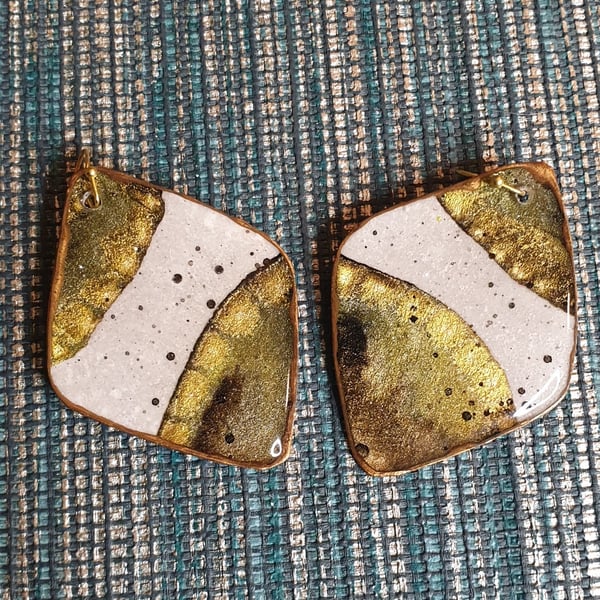 Statement Earrings, Large, Lightweight and Stylish, Green & Gold Abstract