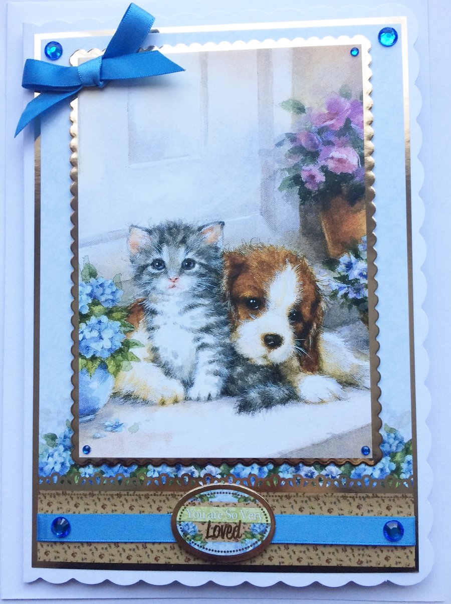 Birthday Cute Puppy Kitten Any Occasion You Are Loved 3D Luxury Handmade Card 