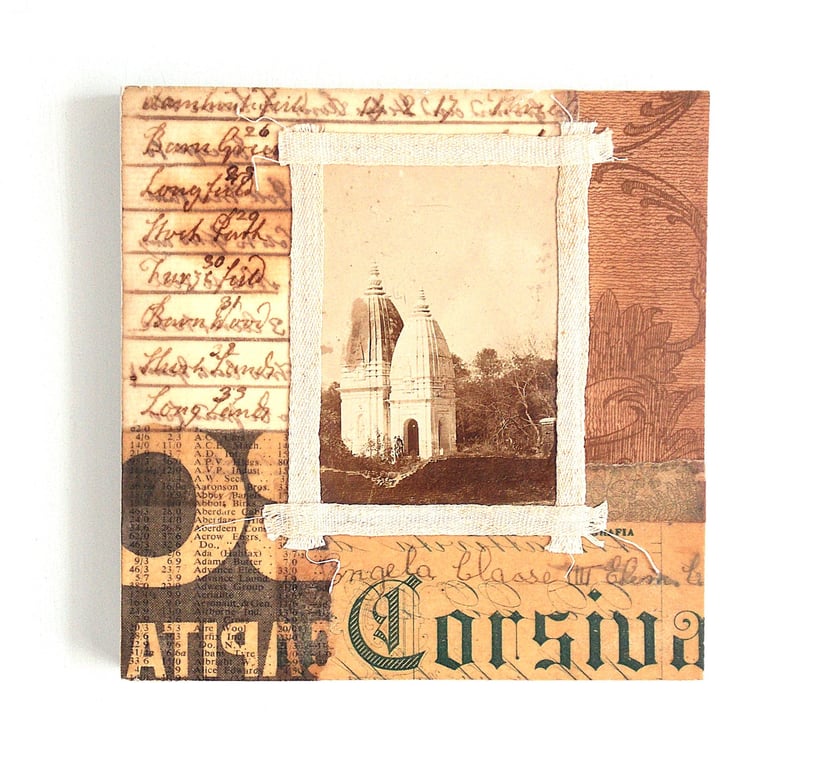 Original Vintage Ephemera Collage on Wood Panel, 12x12cms, Free UK Postage (195)
