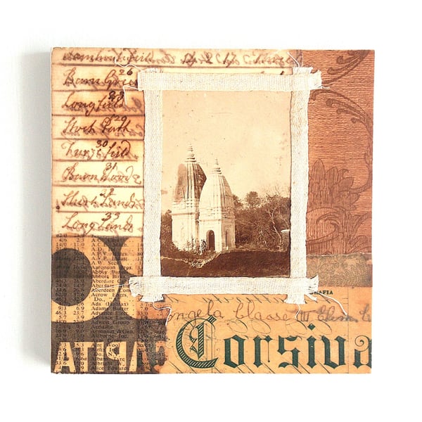 Original Vintage Ephemera Collage on Wood Panel, 12x12cms, Free UK Postage (195)