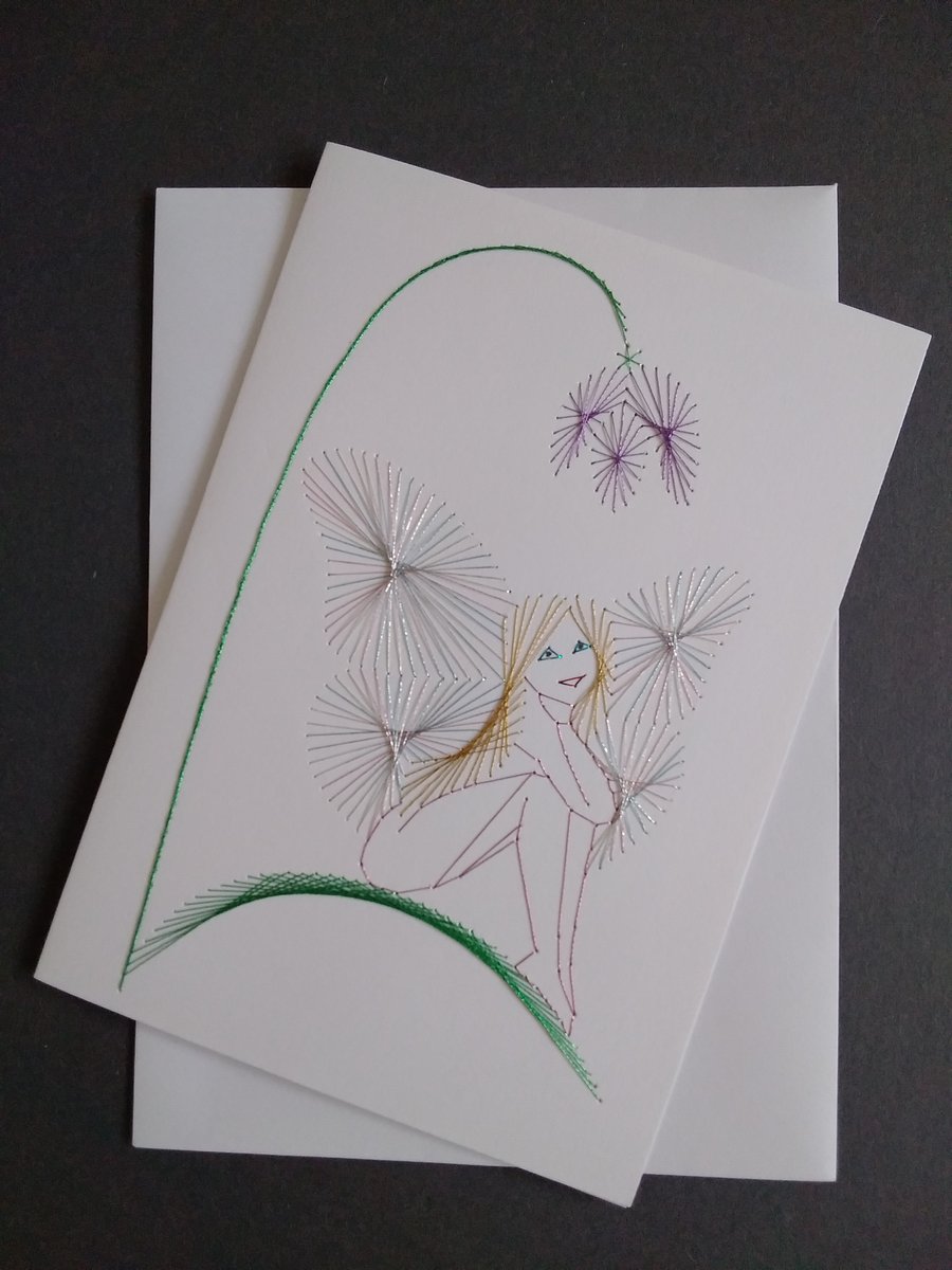 Hand Embroidered Fairy Sitting on a Leaf under a Flower Greetings Card.