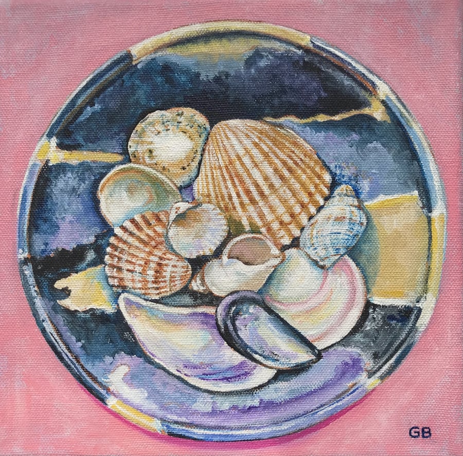 Original Painting, Acrylic, 'Seashells in a Bowl I', Coastal Theme, Special Gift