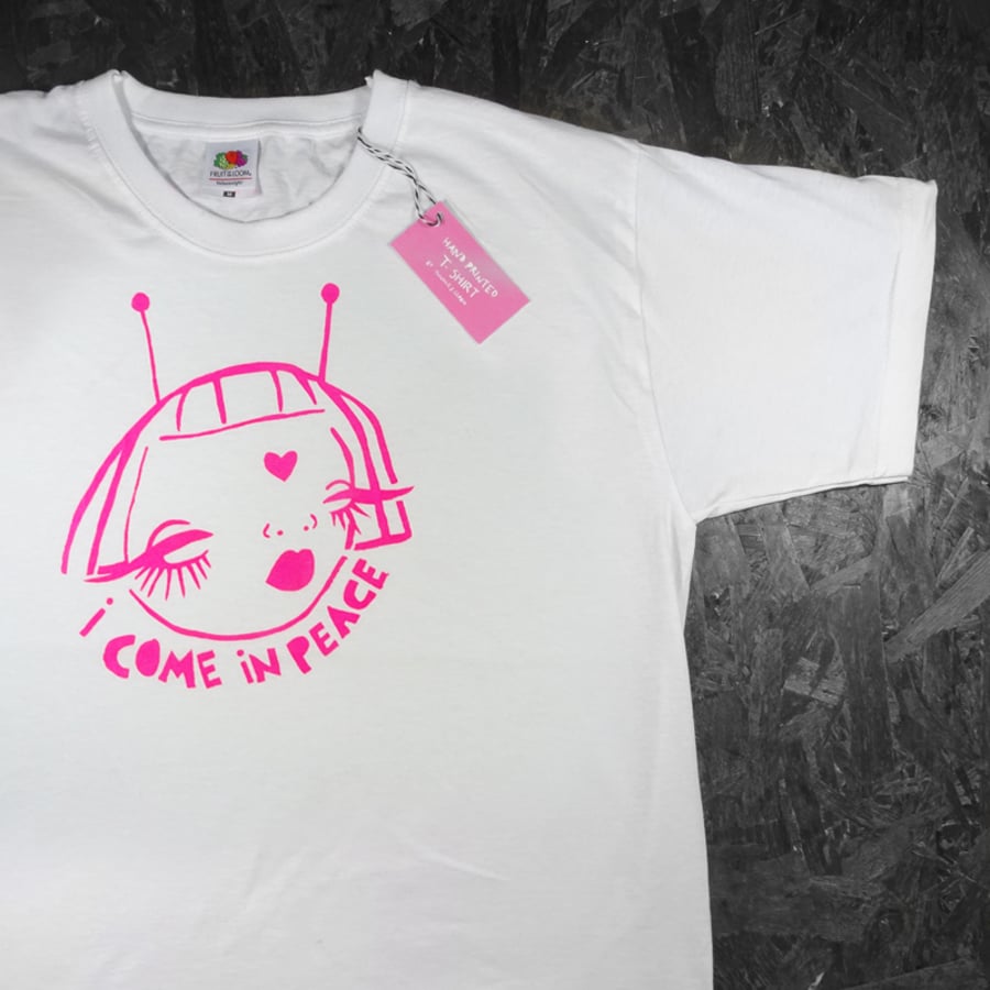 'I come in peace' alien girl- Handprinted Tshirt (made to order)