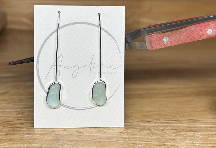 Sterling Silver Aqua Welsh Sea Glass Long Dangle Earrings