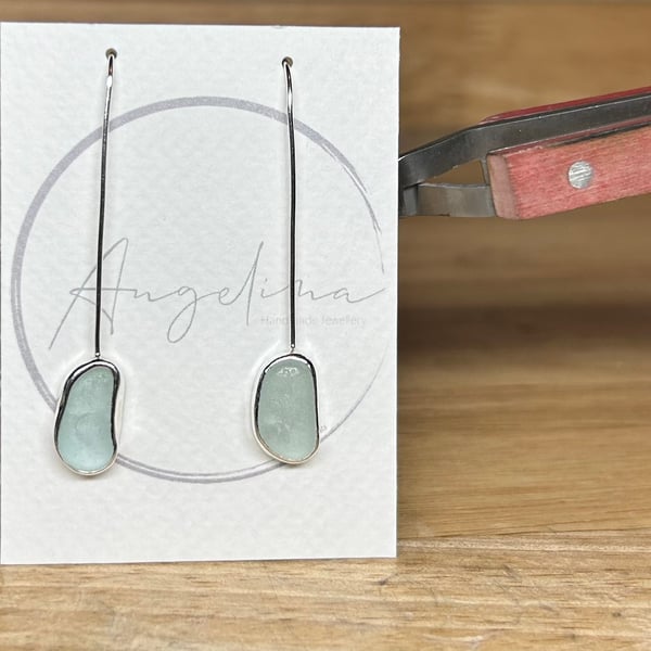 Sterling Silver Aqua Welsh Sea Glass Long Dangle Earrings