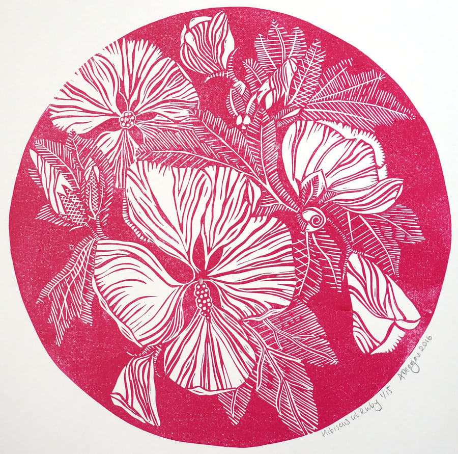 Original lino cut print HIBISCUS IN RUBY flowers blooms wall art