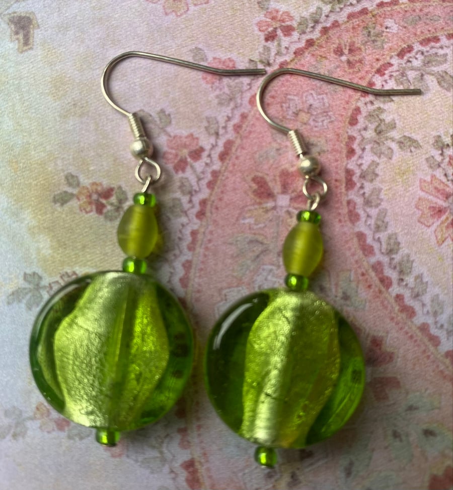 Green Foil Lined Glass Bead Drop Earrings 