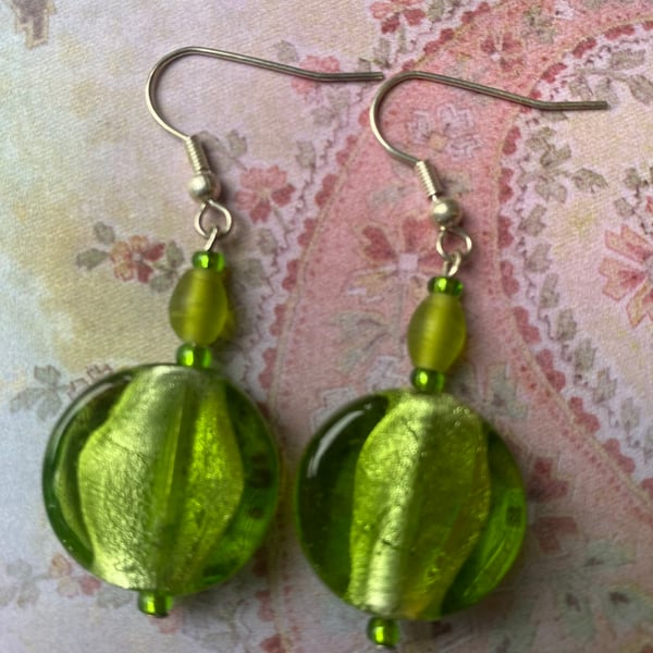 Green Foil Lined Glass Bead Drop Earrings 