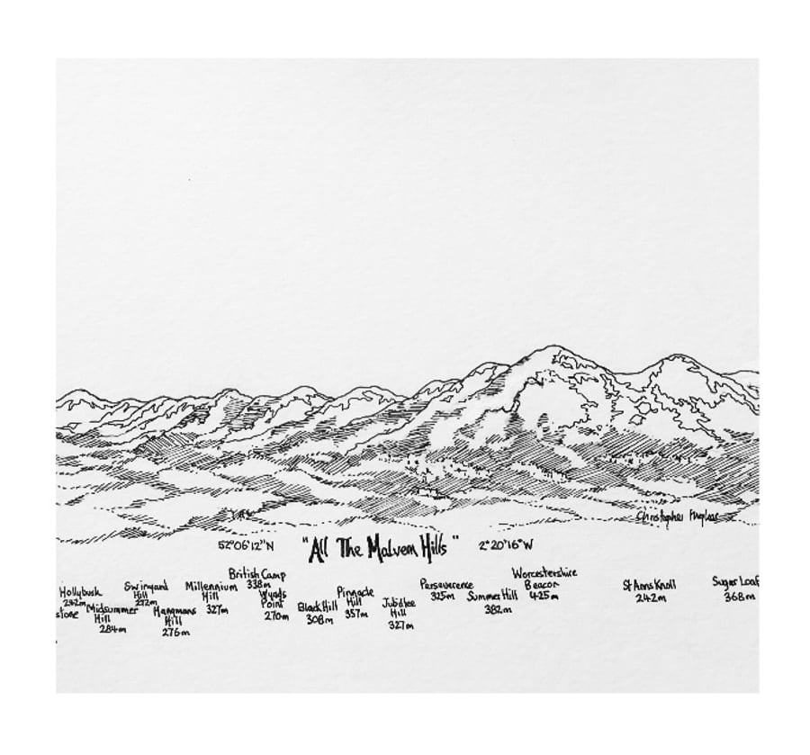 All The Malvern Hills. Signed and annotated with names and heights of each hill