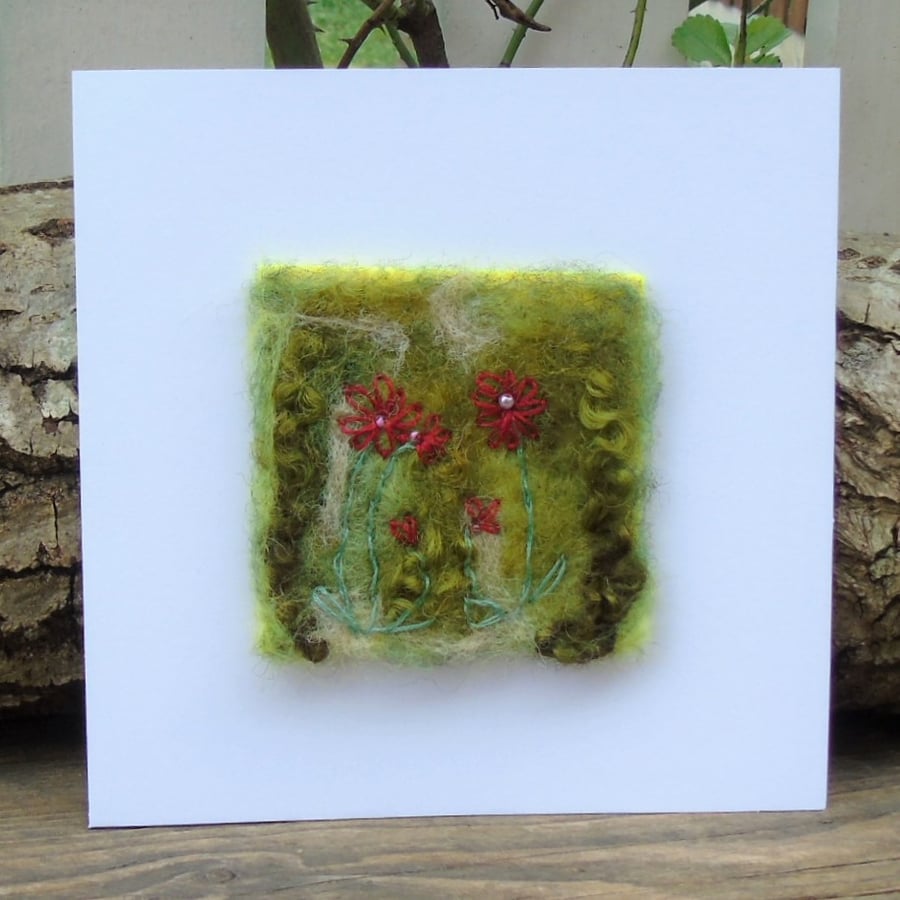 Hand Stitched Blank Greeting card, Red Echinacea Flowers  Needlefelt wool card