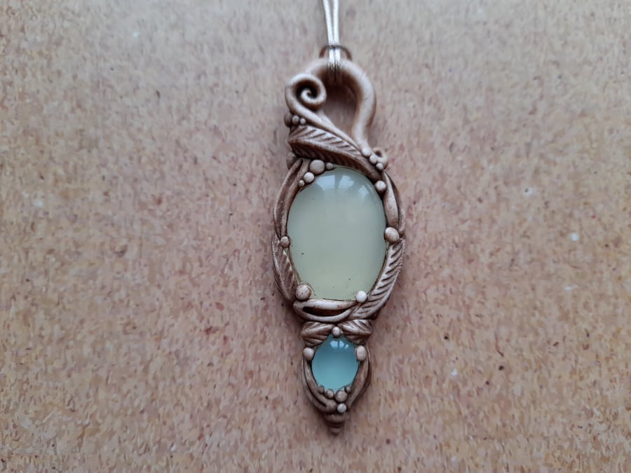 Pretty Bowenite with Aqua Chalcedony Crystal and Polymer Clay Pendant