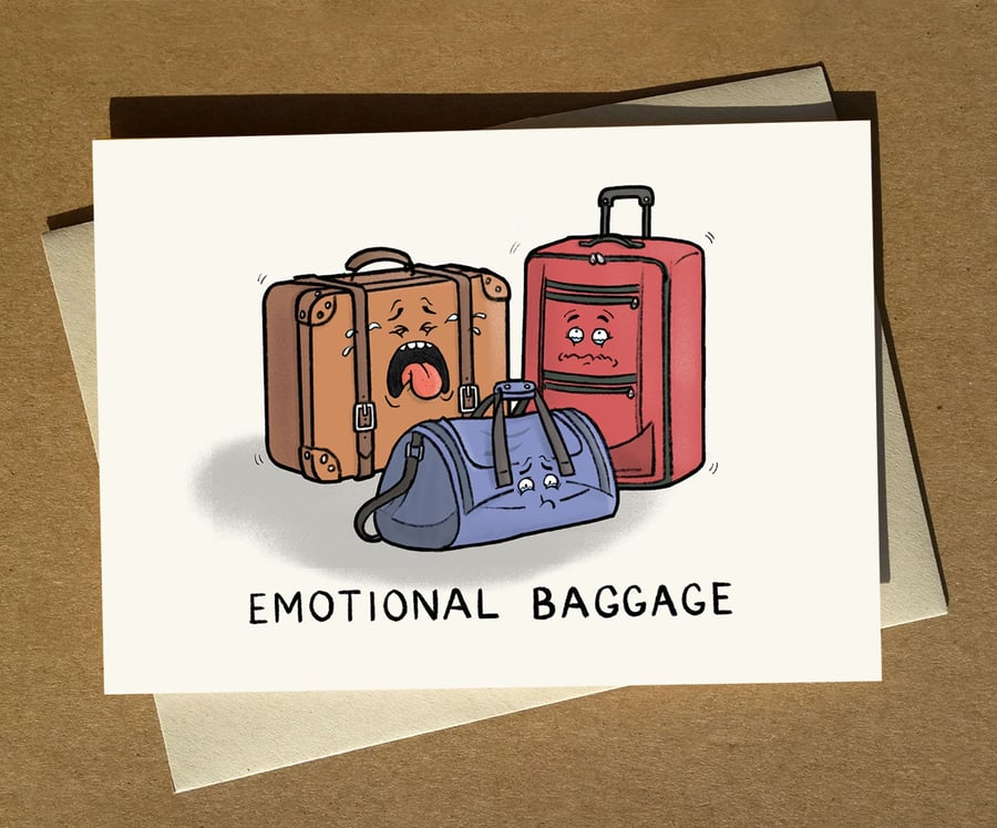 Emotional Baggage Cartoon Pun Greeting Card A6 Funny Birthday Card Travelling