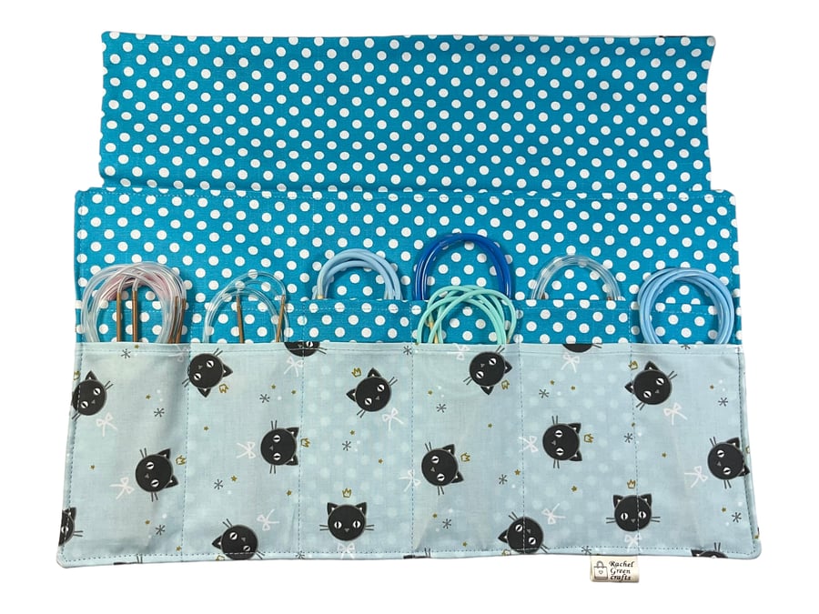 fixed Circular knitting needle case with cats, sock needles roll, needle wallet,