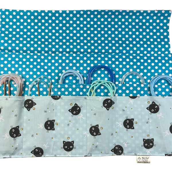 fixed Circular knitting needle case with cats, sock needles roll, needle wallet,