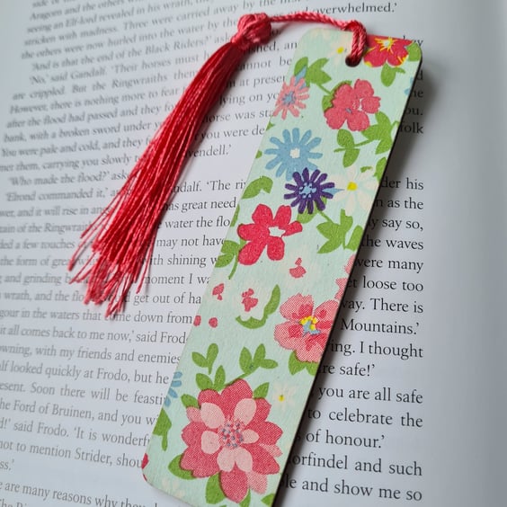 Wooden floral bookmark decoupage flower design with tassel