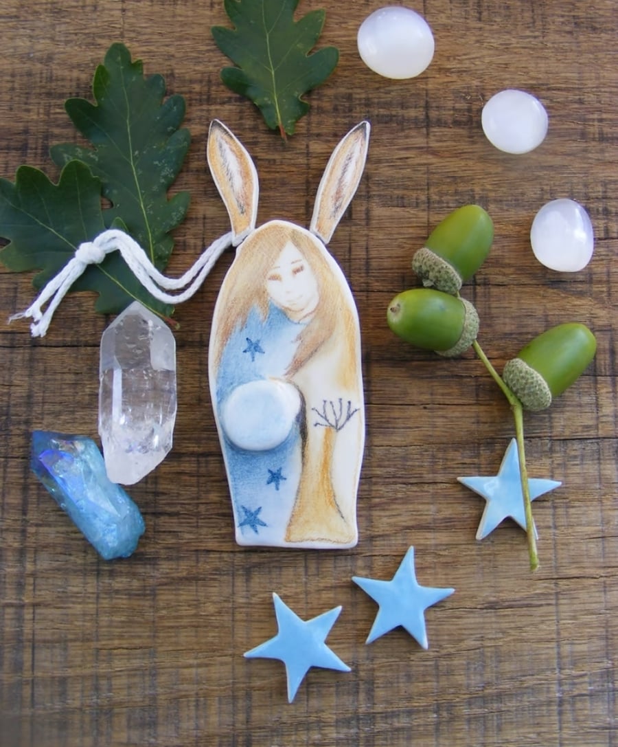 Unique Ceramic Hare Girl Folklore Figure