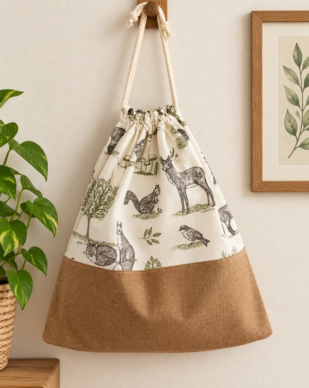 Drawstring lined bag, lined drawstring bag, student gift, woodland scene