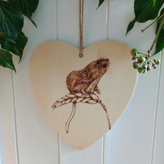Harvest mouse pyrography wooden heart hanging decoration
