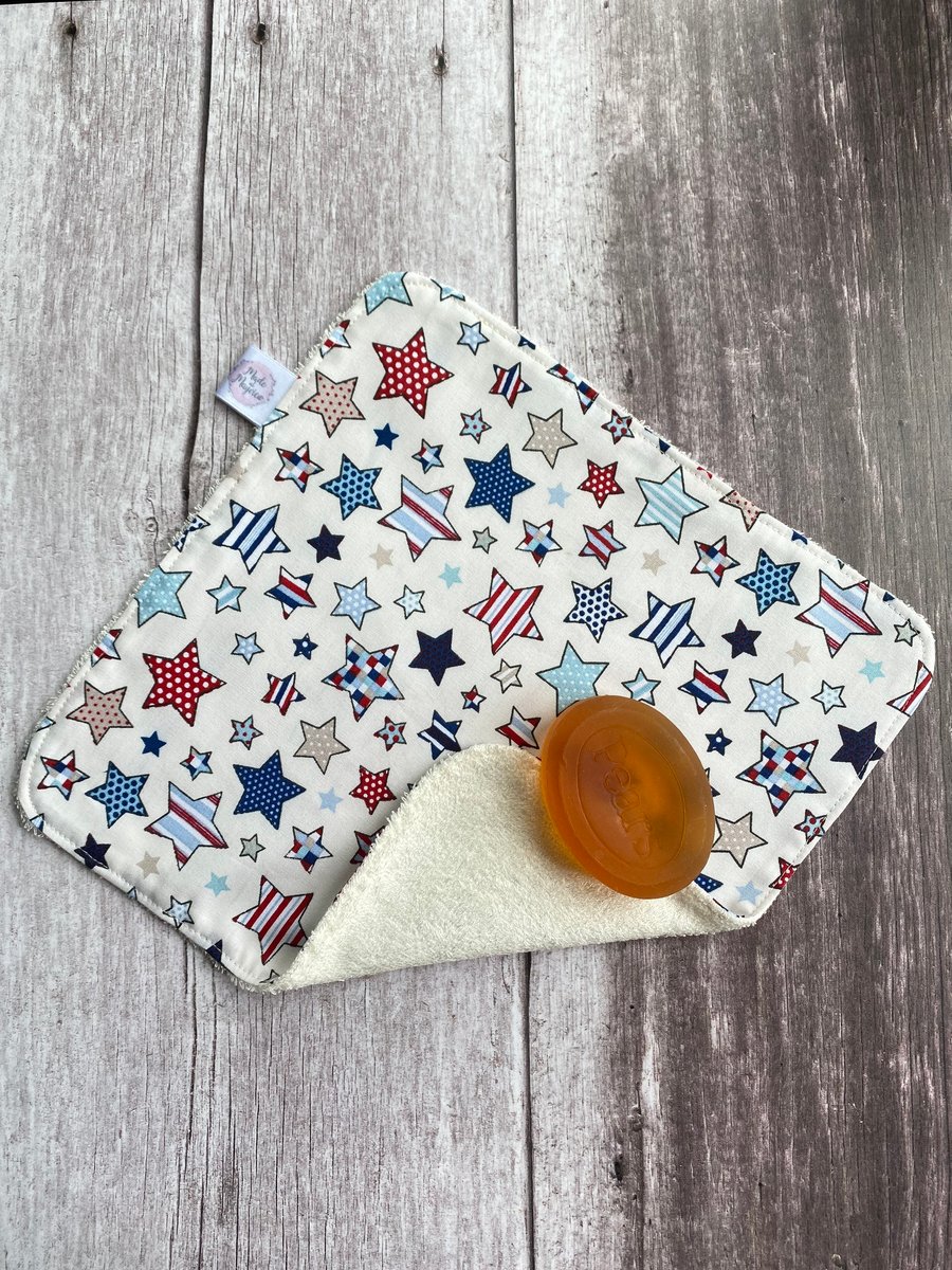 Organic Bamboo Cotton Wash Face Cloth Flannel Blue Red White Multi Stars